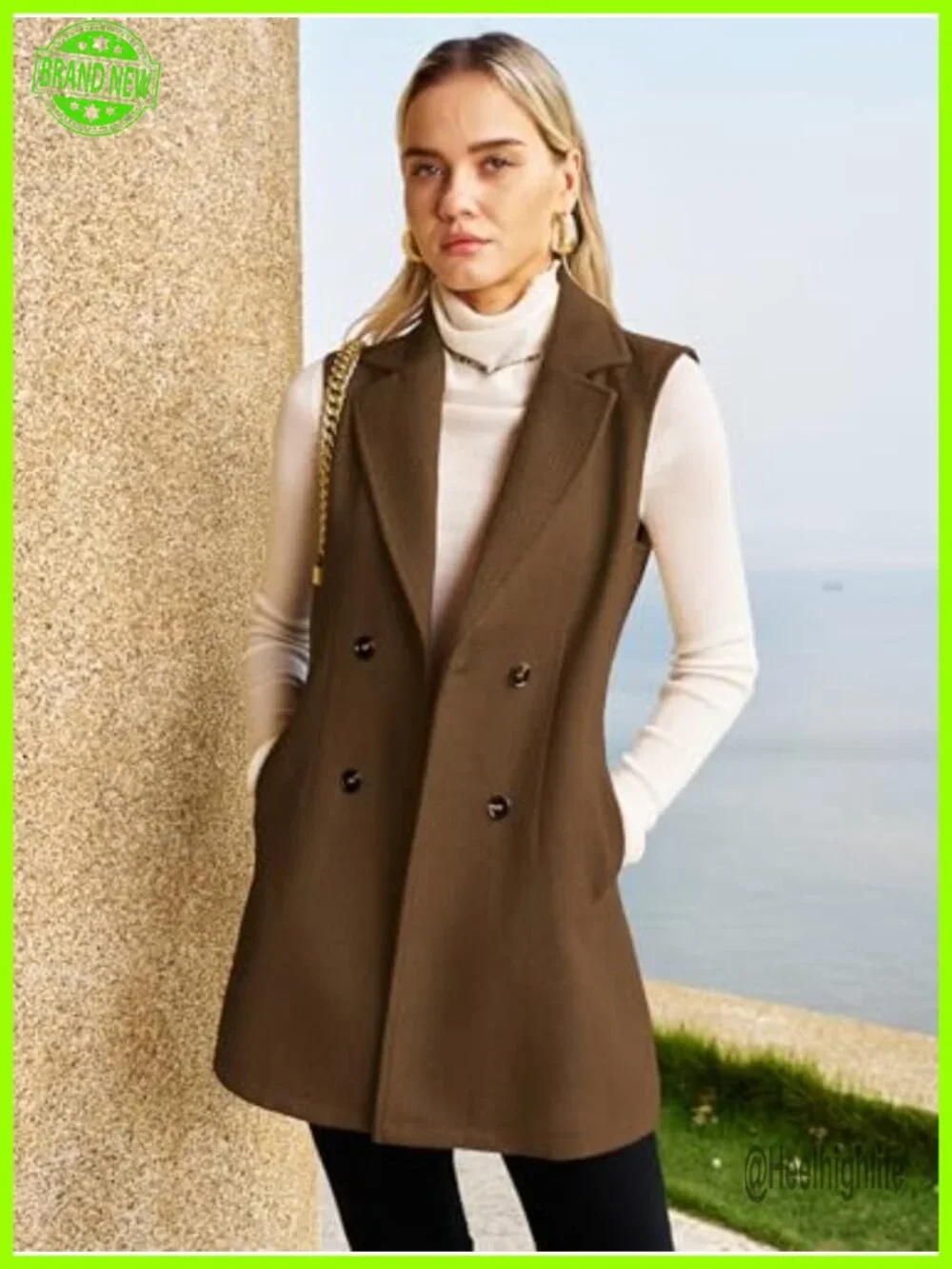 Women's Tweed Long Vest Sleeveless Herringbone Double Breasted Blazer Jacket